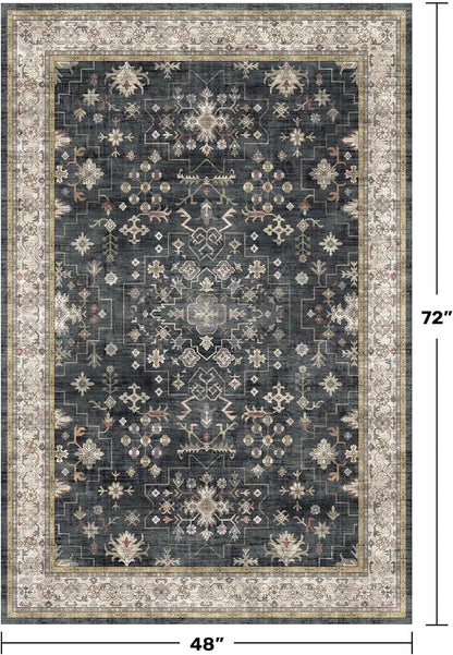 Washable 4x6 Area Rug, Non-Slip Low Pile Floral Accent Rug