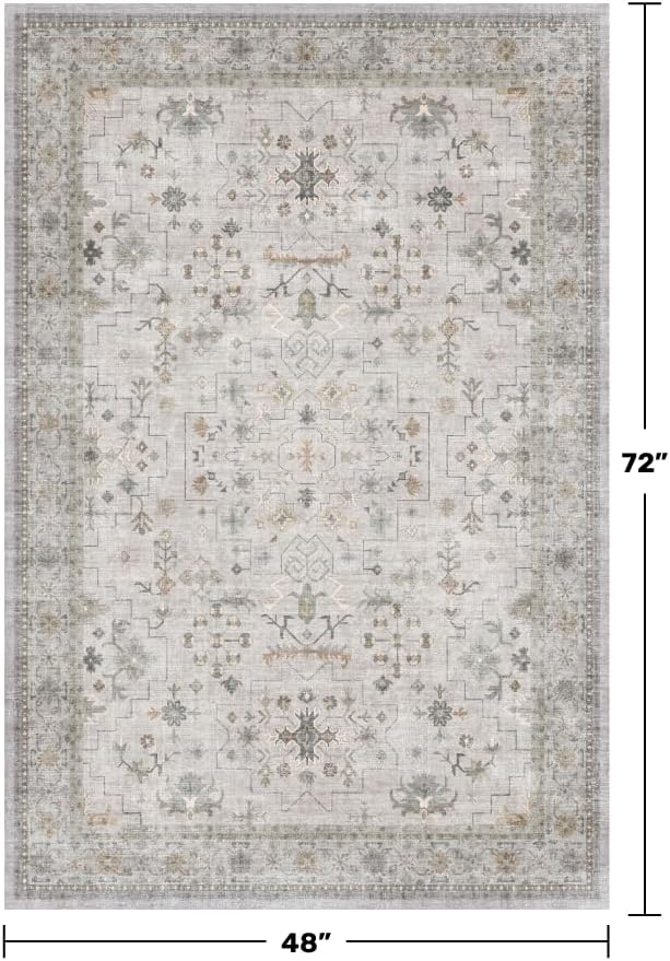 Washable 4x6 Area Rug, Non-Slip Low Pile Floral Accent Rug