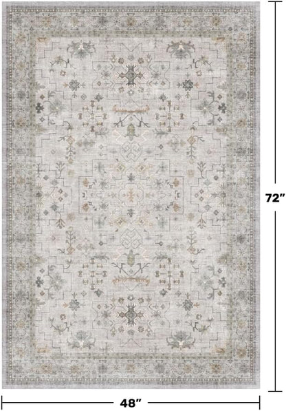 Washable 4x6 Area Rug, Non-Slip Low Pile Floral Accent Rug