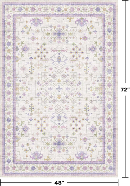 Washable 4x6 Area Rug, Non-Slip Low Pile Floral Accent Rug